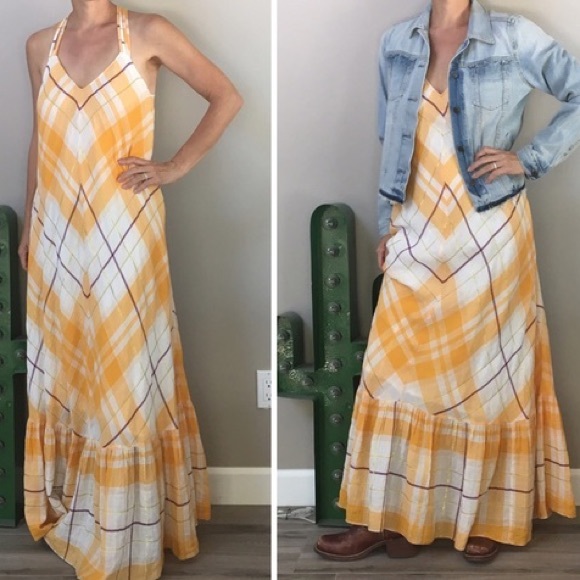 Anthro Holding Horses Cream & Mango Gold Plaid Maxi Dress - Picture 4 of 14